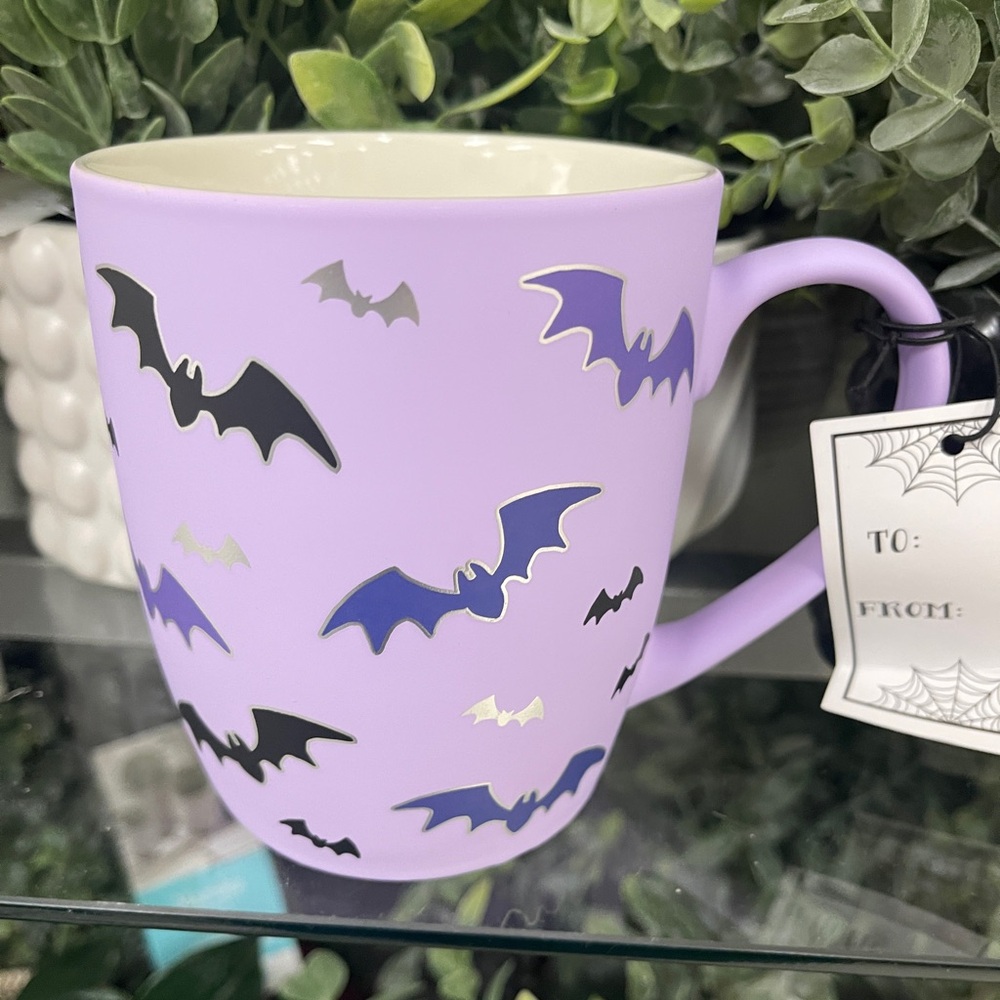 Halloween Bats & Stars Purple Black & Silver Smooth Matte Soft Touch Mug NWT
